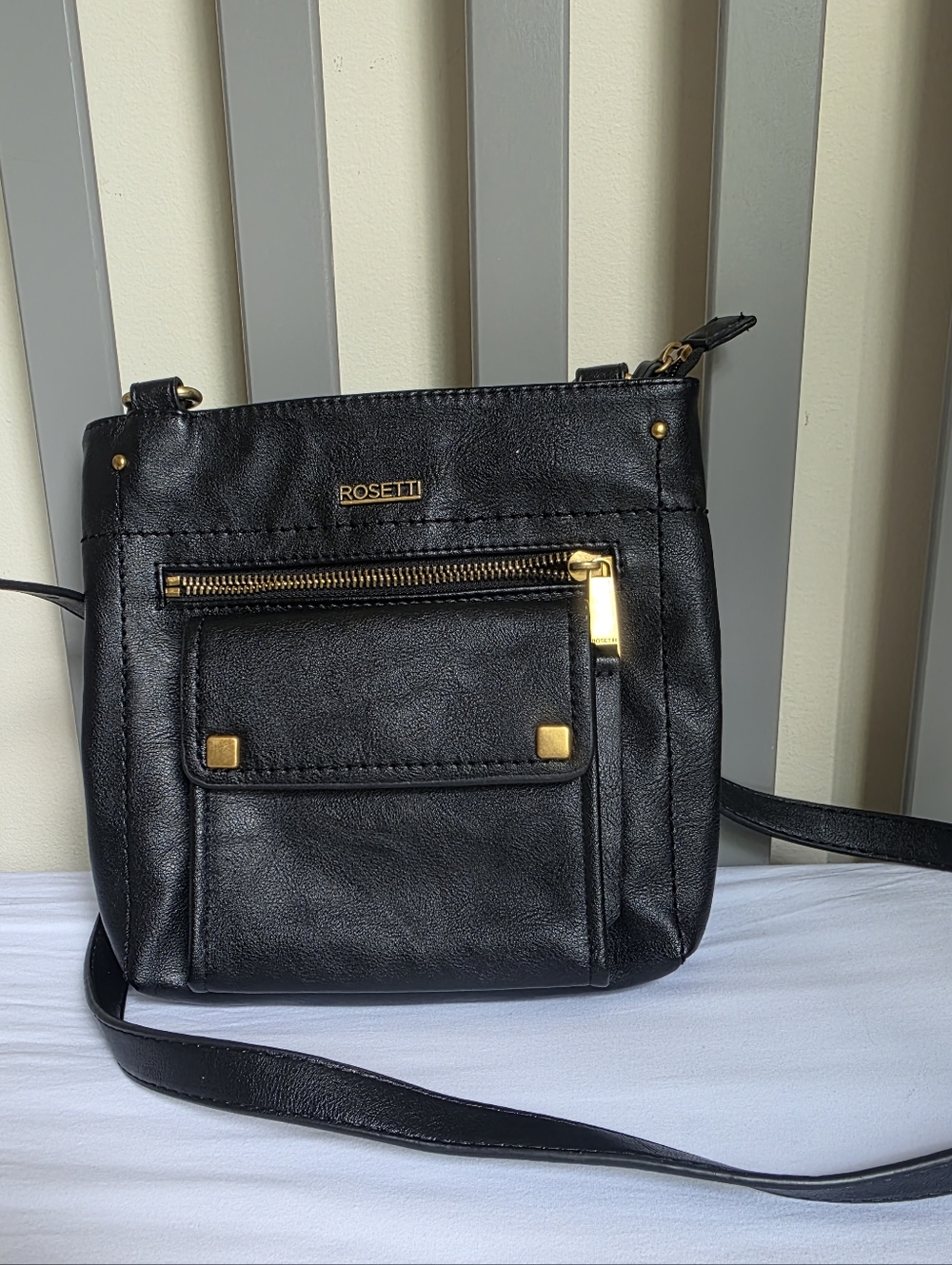 Rosetti Black Studded Faux-Leather Crossbody with Gold Accents